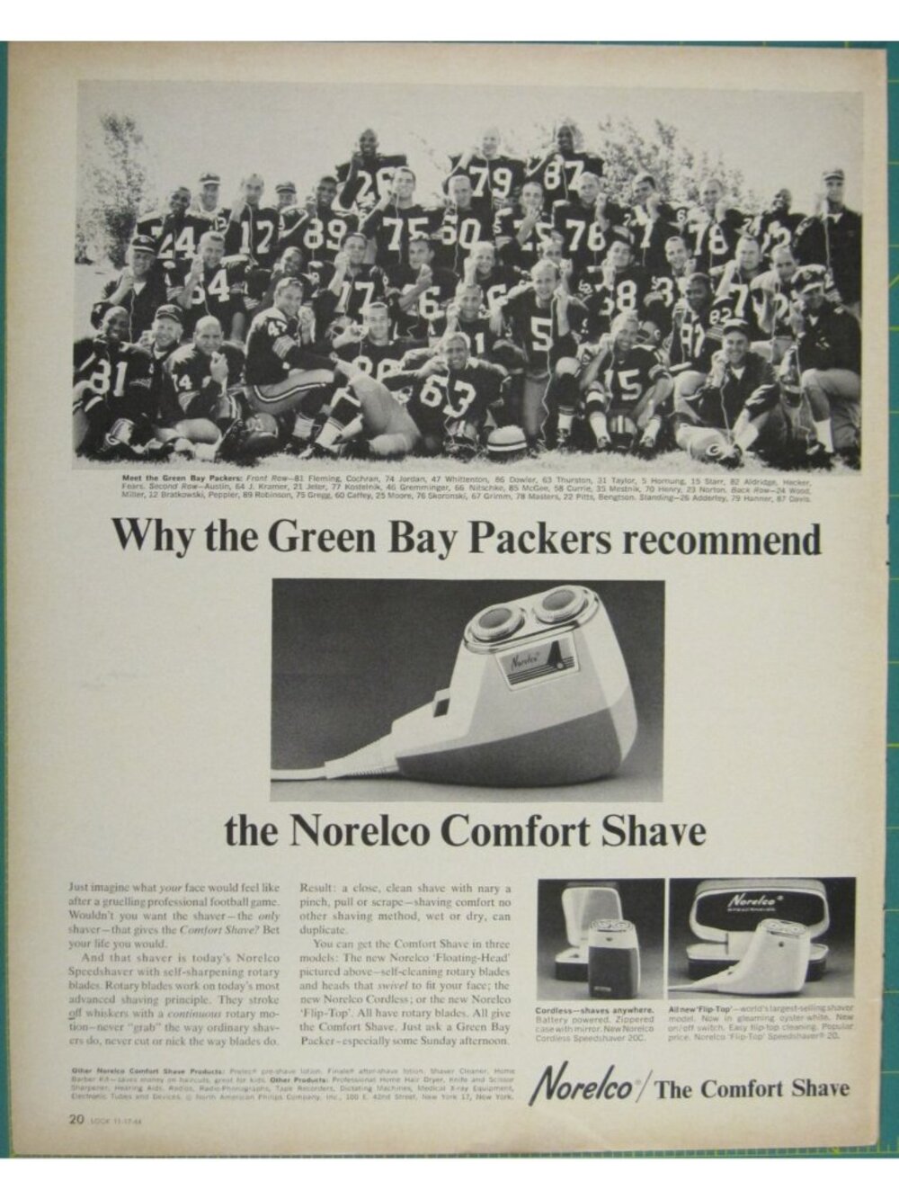 Print Ad Green Bay Packers Recommend Norelco Comfort Shave Electric Razor 1960s